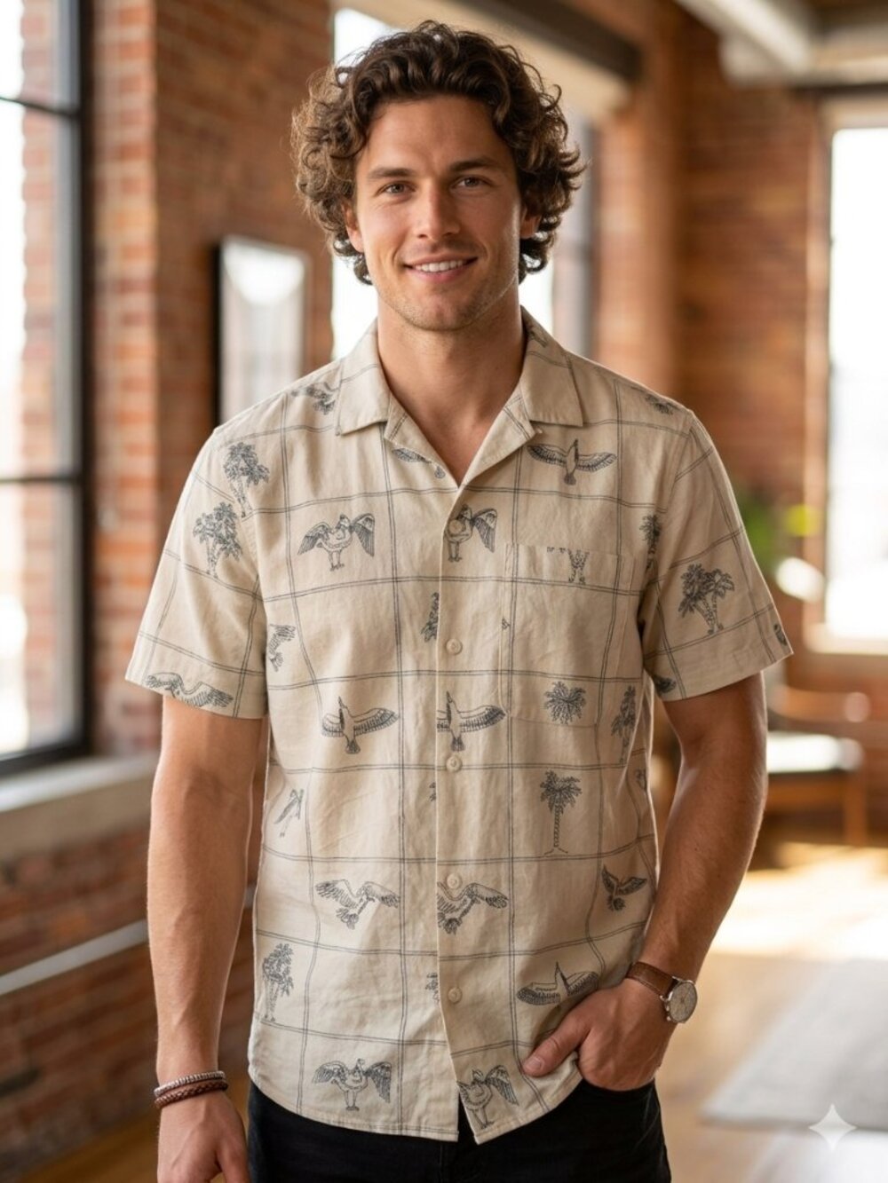 Madewell Shirt Embroidered Crinkle Easy Short-Sleeve Men's Size Medium Beige